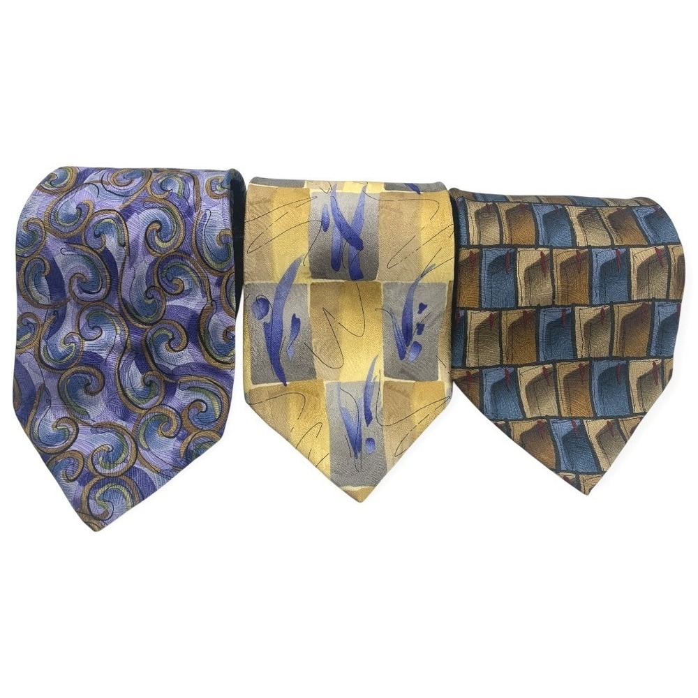 J. Garcia 100% Silk Ties Lot‎ 3 Abstract Pattern Blue Yellow Brown